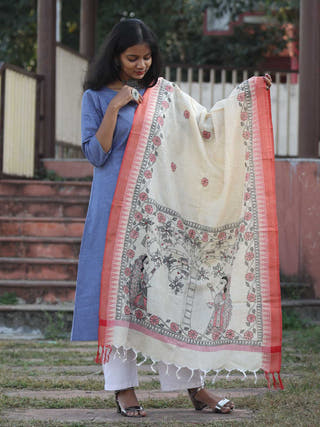 Madhubani Hand Painted Cotton Dupatta White and Orange
