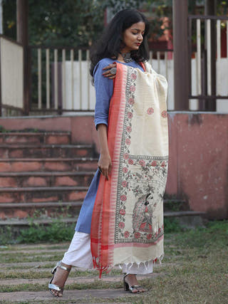 Madhubani Hand Painted Cotton Dupatta White and Orange