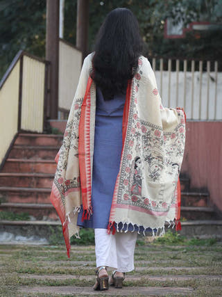 Madhubani Hand Painted Cotton Dupatta White and Orange