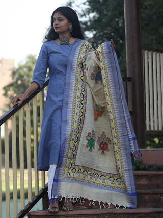 Madhubani Hand Painted Cotton Beige Dupatta White