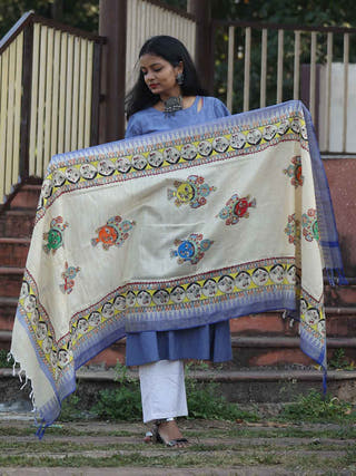 Madhubani Hand Painted Cotton Beige Dupatta White