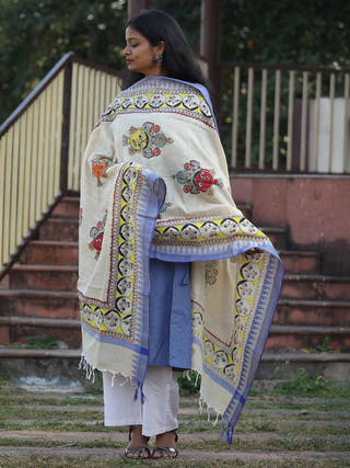 Madhubani Hand Painted Cotton Beige Dupatta White