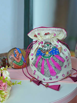 Madhubani Handpainted Silk Potli Peacock with Tassel