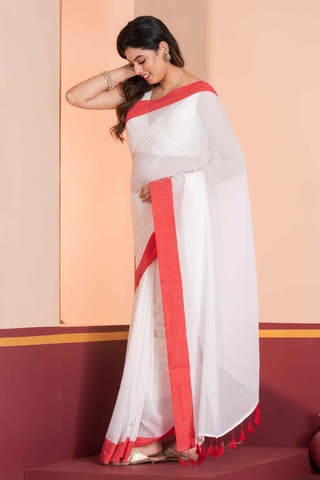 Pure cotton solid saree with contrast border and contrast tassels  Without Blouse Piece II White