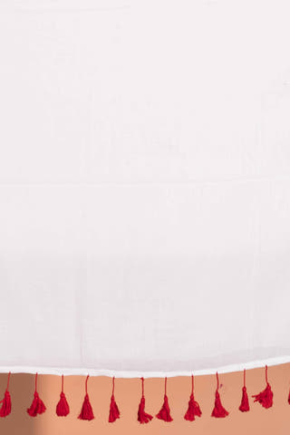 Pure cotton solid saree with contrast border and contrast tassels  Without Blouse Piece II White