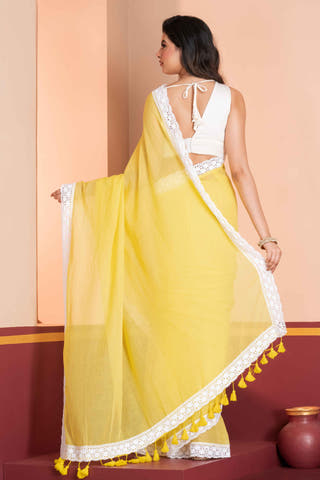 Pure cotton solid saree with lace border Without Blouse Piece II Yellow
