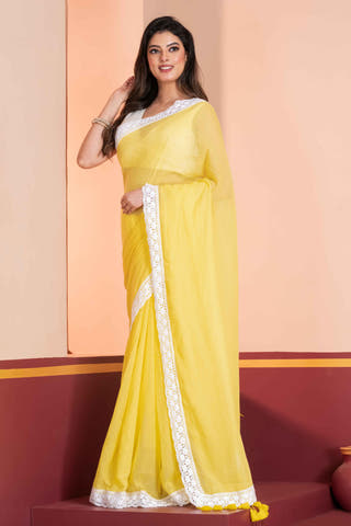Pure cotton solid saree with lace border Without Blouse Piece II Yellow