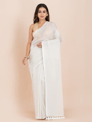 Snow Veil Pure Cotton Striped Saree With Metallic Zari Ocau 