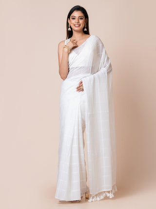 Pure Cotton Checkered Saree | White Ocau