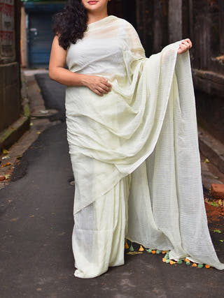 Pure Cotton Saree Golden Stripes Pistachio green OCAU