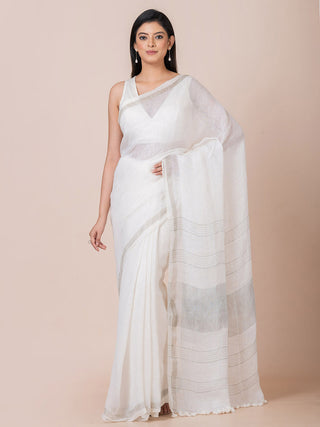 Linen Saree With Zari White OCAU