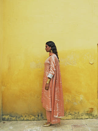 Anantya Neon Orange Handloom Tissue Kurta Pant Set With Dupatta