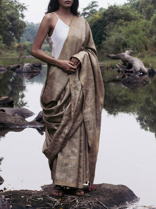 Kosa Saree With Gold And Silver Details Khaki KOSALA