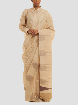 Kosa Silk Saree With Brown Stripes And Temple Border Beige KOSALA