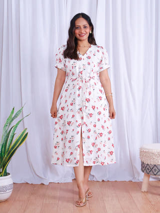 Rose White Floral Print Midi Dress