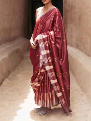 Kosa Silk Saree With Off-white Temple Border Maroon KOSALA