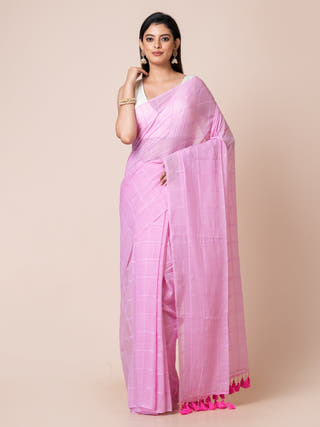 Pure Cotton Checkered Saree | Pink Ocau