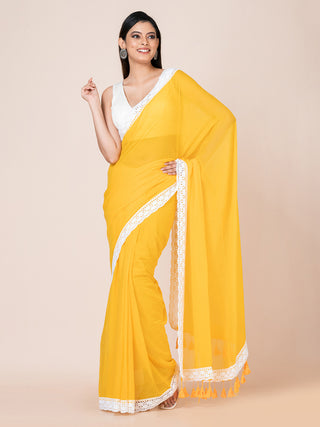 Pure cotton solid  saree with lace border l Yellow Ocau