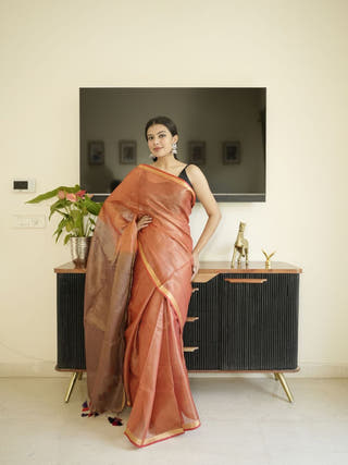 Orange & Brown Dual Tone Tissue Linen Saree