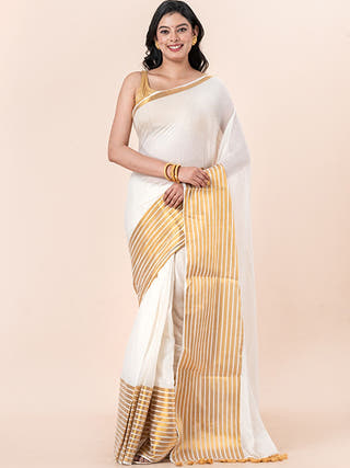 Hema - Pure Cotton Saree With Zari Border Without Blouse Piece