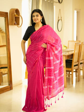 Blush Lines Pink & White Striped Cotton Saree