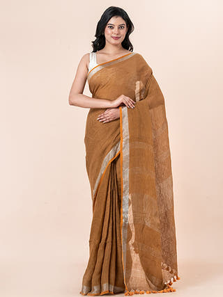 Terra Mocha - Pure Linen Saree With Zari Border Without Blouse Piece