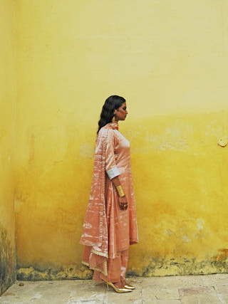 Anantya Neon Orange Handloom Tissue Kurta Pant Set With Dupatta