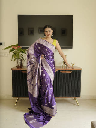 Purple Banarasi Silk Saree With Zari Border