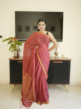 Red Linen Silk Saree With Zari Border