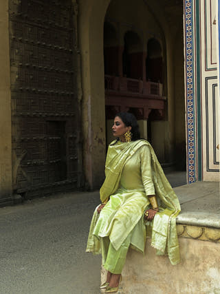 Akshata Neon Green And Neon Yellow Handloom Tissue Kurta Pant Set With Dupatta