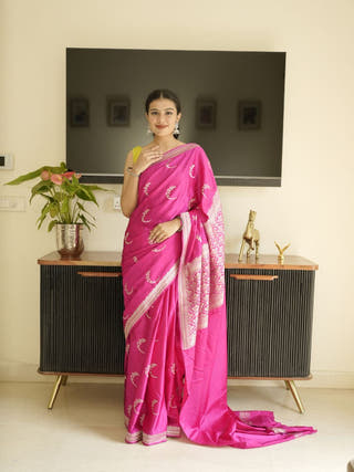 Pink Banarasi Silk Saree With Zari Border