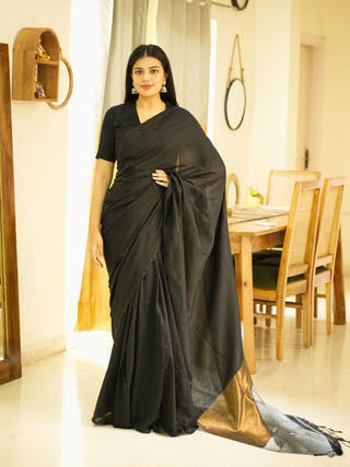 Twilight Tale Black Cotton Saree with Gold & Silver Zari Pallu