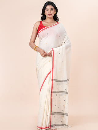 Pearl Dawn - Organic Cotton Saree With Jamdani Motifs Without Blouse Piece