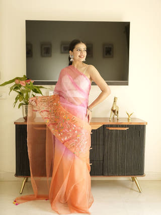 Orange-Pink Ombre Organza Saree