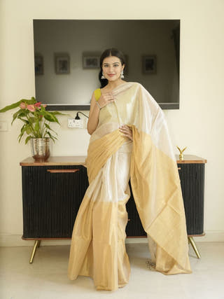 Ivory & Gold Glass Tissue Silk Saree