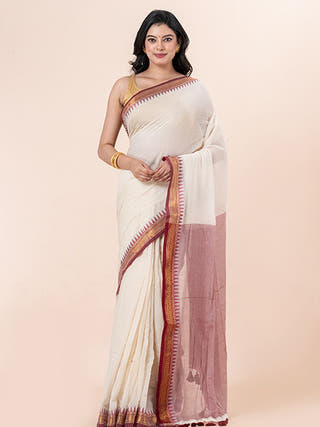 Ruby Glow - Pure Cotton Saree With Kanchi Border Without Blouse Piece