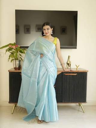 Blue Glass Tissue Silk Saree