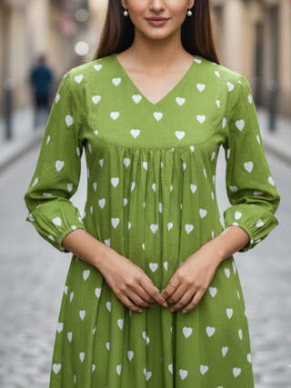 May Green Gathered Cotton Midi Dress