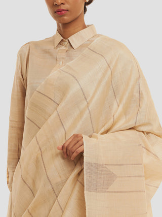 Kosa Silk Saree With Brown Stripes And Temple Border Beige KOSALA