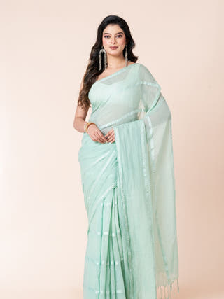 Gleam and Glam Pure Cotton Saree With Zari Stripes Without Blouse Piece II Turquoise