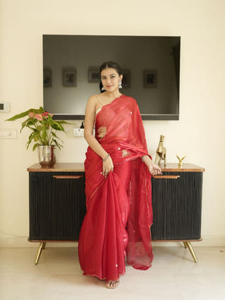 Red Organza Saree With Hand Zardoshi Work