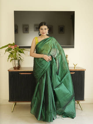 Green Glass Tissue Silk Saree