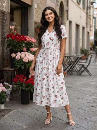 Rose White Fit and Flare Modal Midi Dress