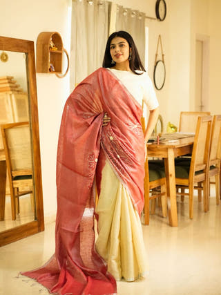 Rose Whisper Handcrafted Floral Linen Dual Tone Saree