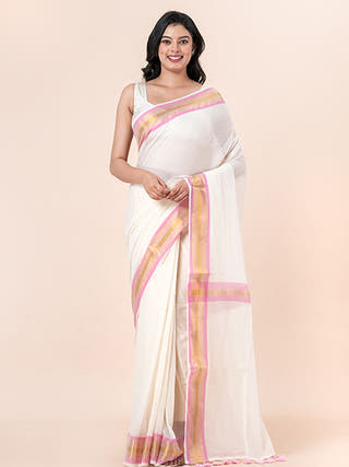 Vanilla Bloom - Pure Cotton Saree With Zari Border Without Blouse Piece