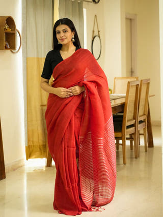 Rustic Bloom Red Linen Saree with Zari Striped Pallu