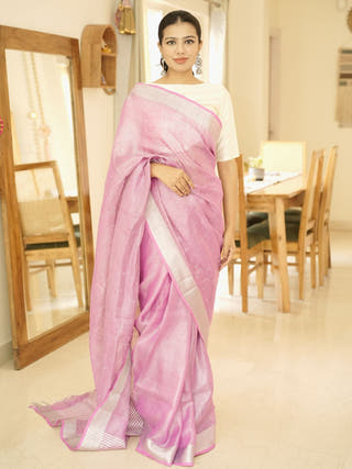 Cosmic Pink Linen Saree with Zardosi Embroidery