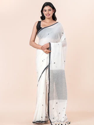 Ivory Bloom - Pure Cotton Saree With Jamdani Motifs Without Blouse Piece