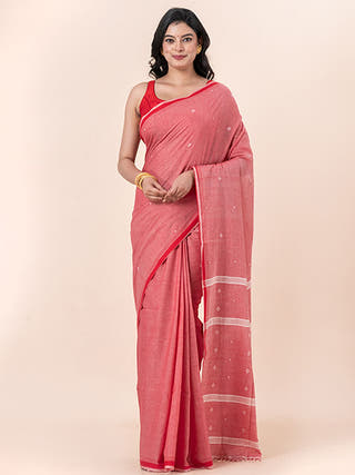 Powder Rose - Organic Cotton Saree With Jamdani Motifs Without Blouse Piece