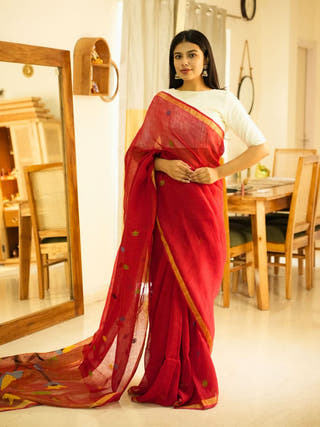 Paithani Blossom Handpainted Red Linen Saree